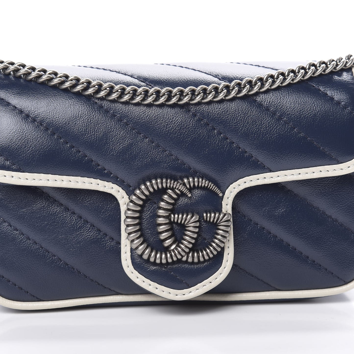 Vintage Effect Calfskin Matelasse Diagonal Super Mini Torchon GG Marmont Shoulder Bag Blue Agata Mystic White