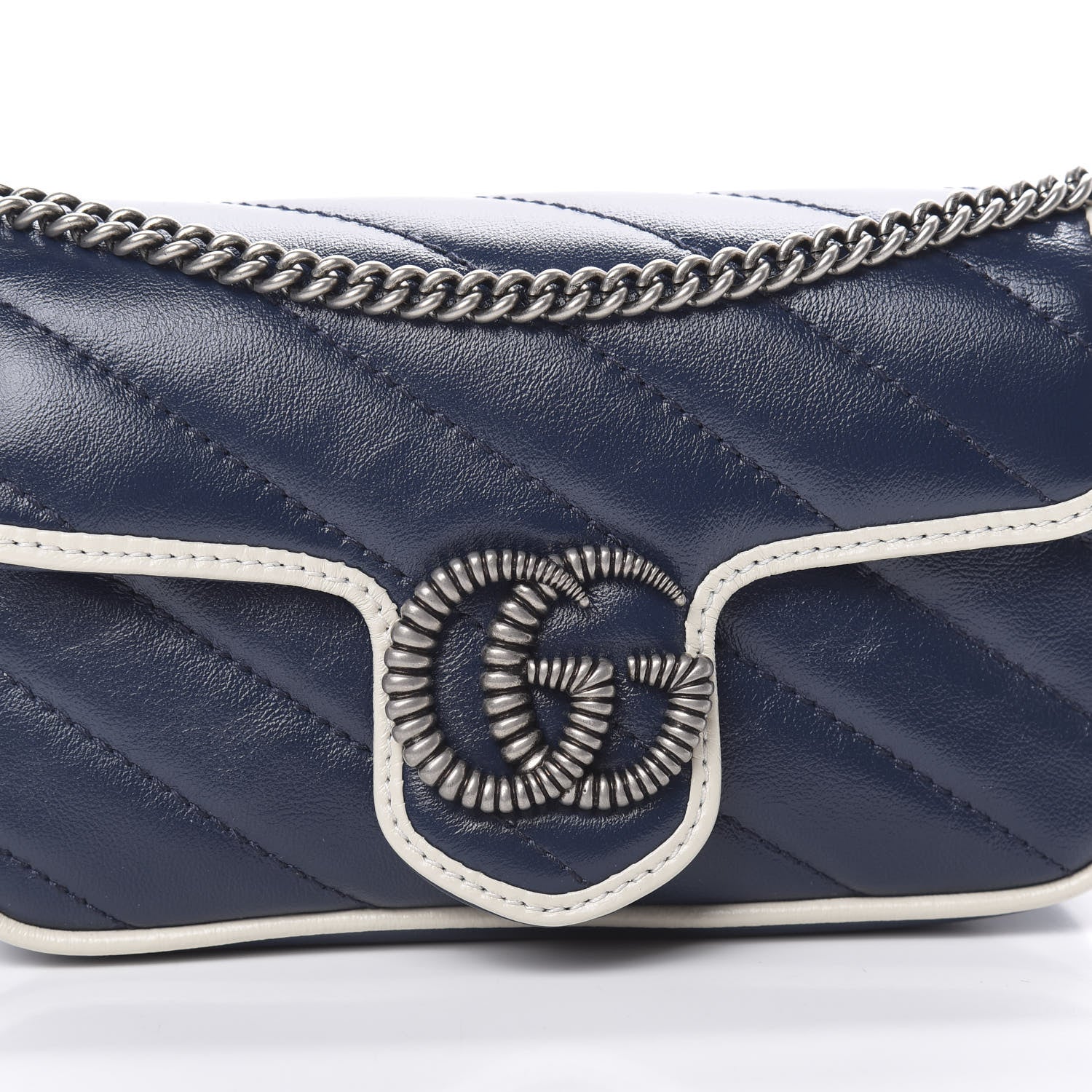 Gucci Vintage Effect Calfskin Matelasse Diagonal Super Mini Torchon GG Marmont Shoulder Bag Blue Agata Mystic White 8 of 11