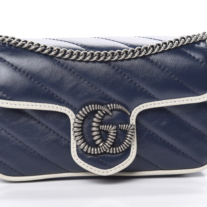 Gucci Vintage Effect Calfskin Matelasse Diagonal Super Mini Torchon GG Marmont Shoulder Bag Blue Agata Mystic White 8 of 11