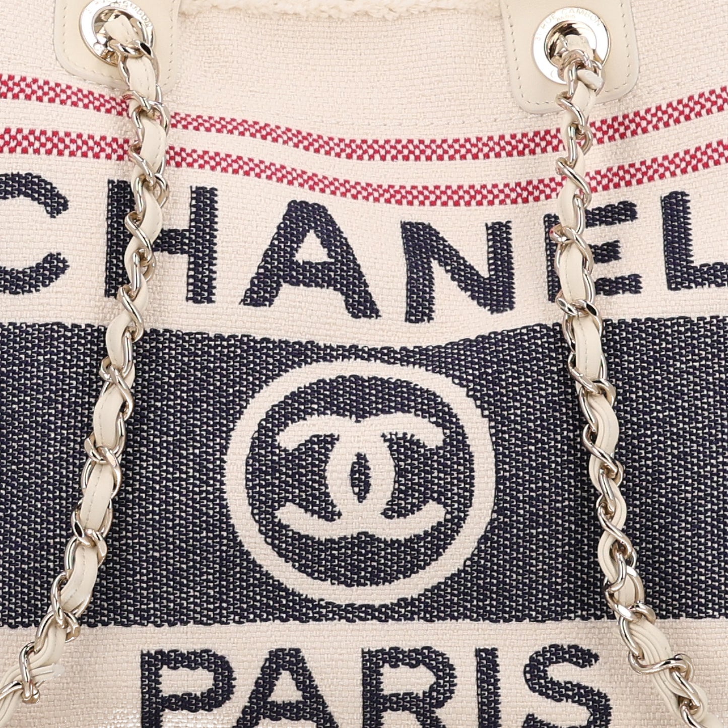Striped Canvas Medium Deauville Tote Ecru Red Blue