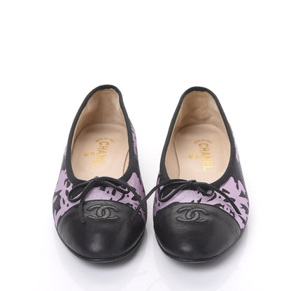Chanel Glitter Printed Fabric Lambskin Cap Toe Ballerina Flats 38 Black Pink 2 of 7