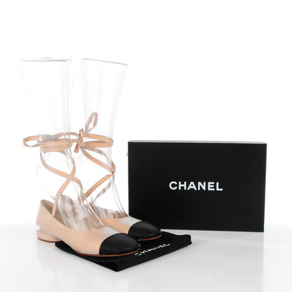 Chanel Satin Cap Toe Ballerina Ankle Wrap Flats 38 Beige Black 5 of 8