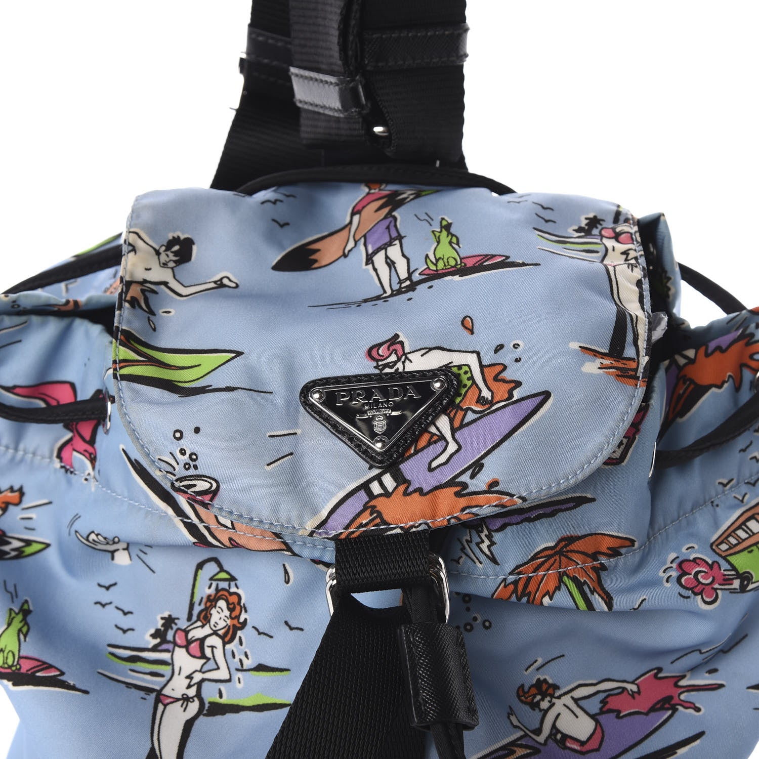 Prada Tessuto Nylon Surfer Print Cinch Backpack Blue 8 of 9