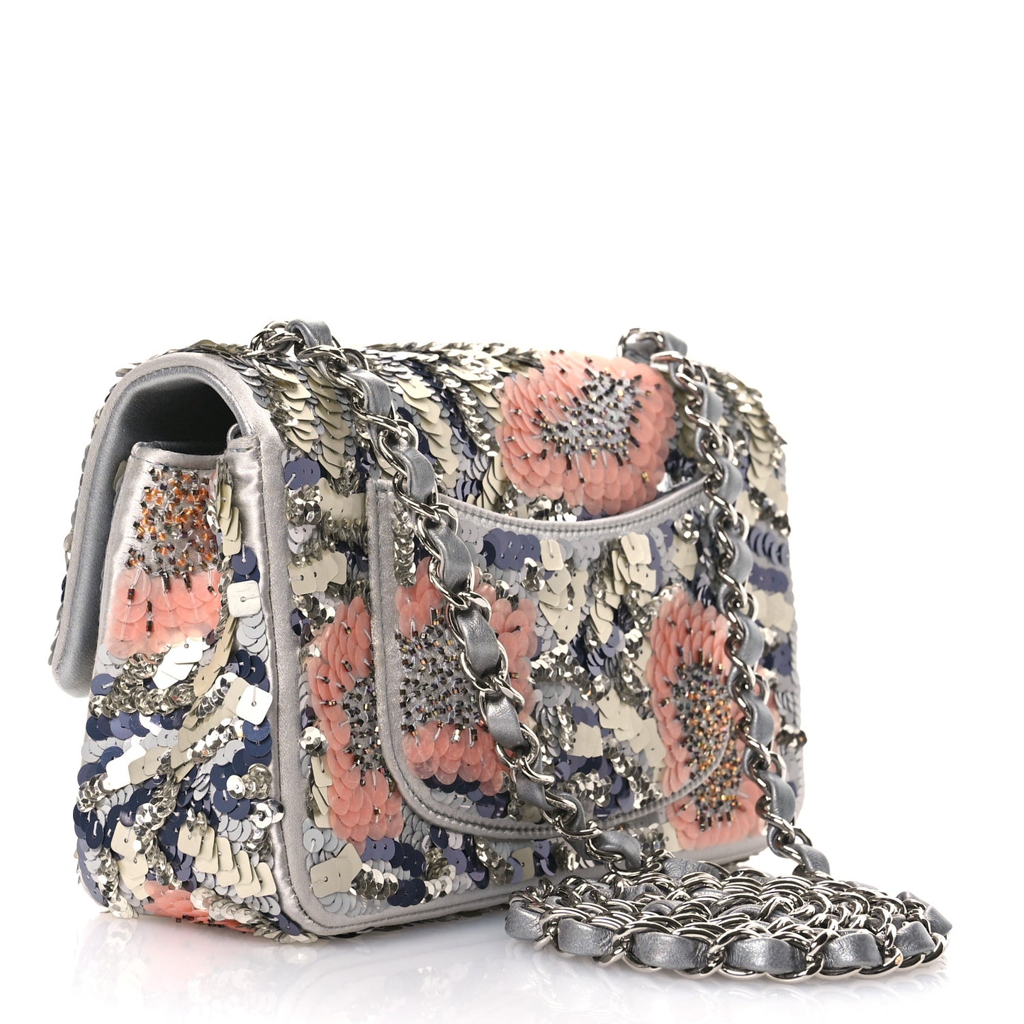 Satin Sequin Embellished Flower Mini Rectangular Flap Argent Multicolor