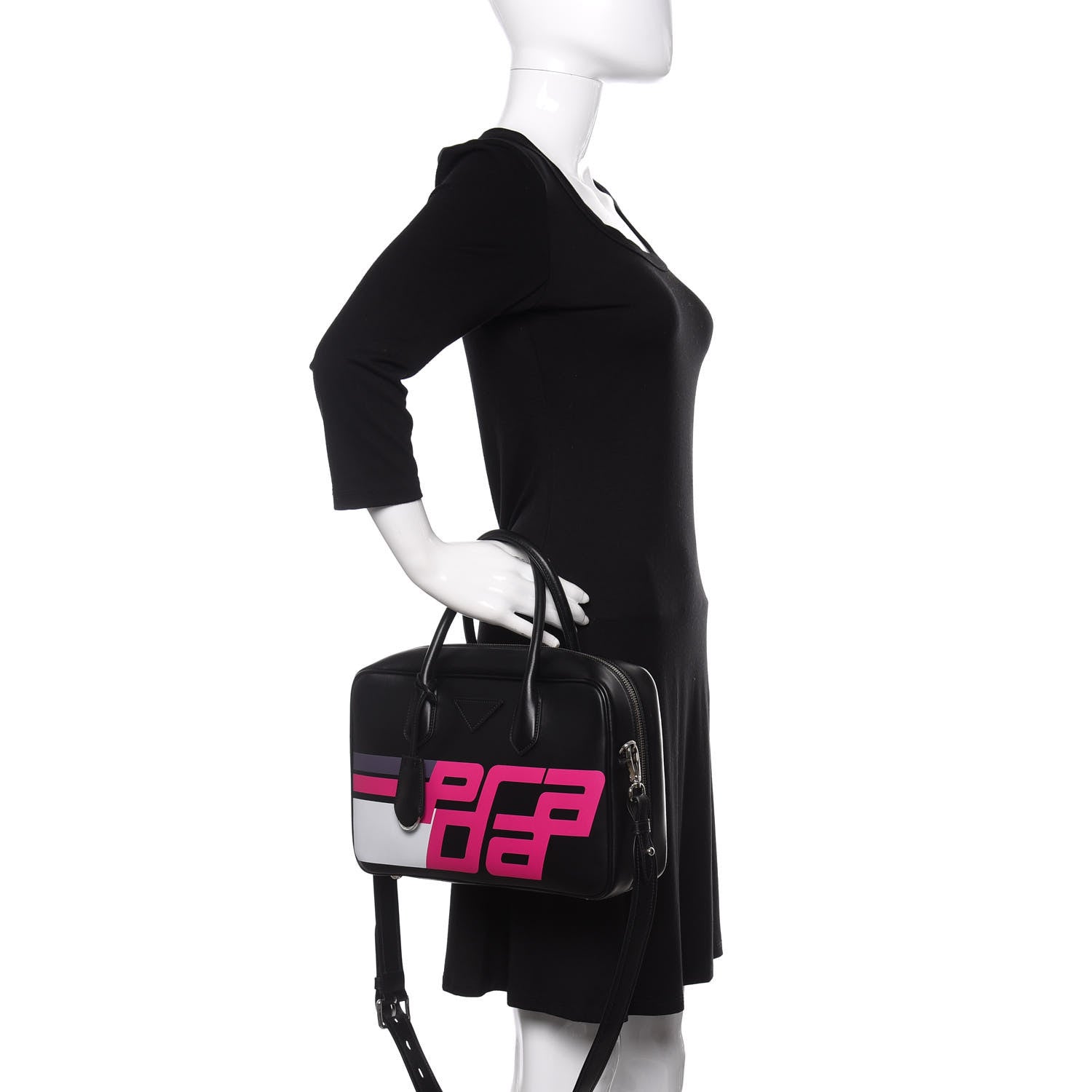 Prada City Calfskin Racing Logo Bowler Black Fuxia 3 of 10