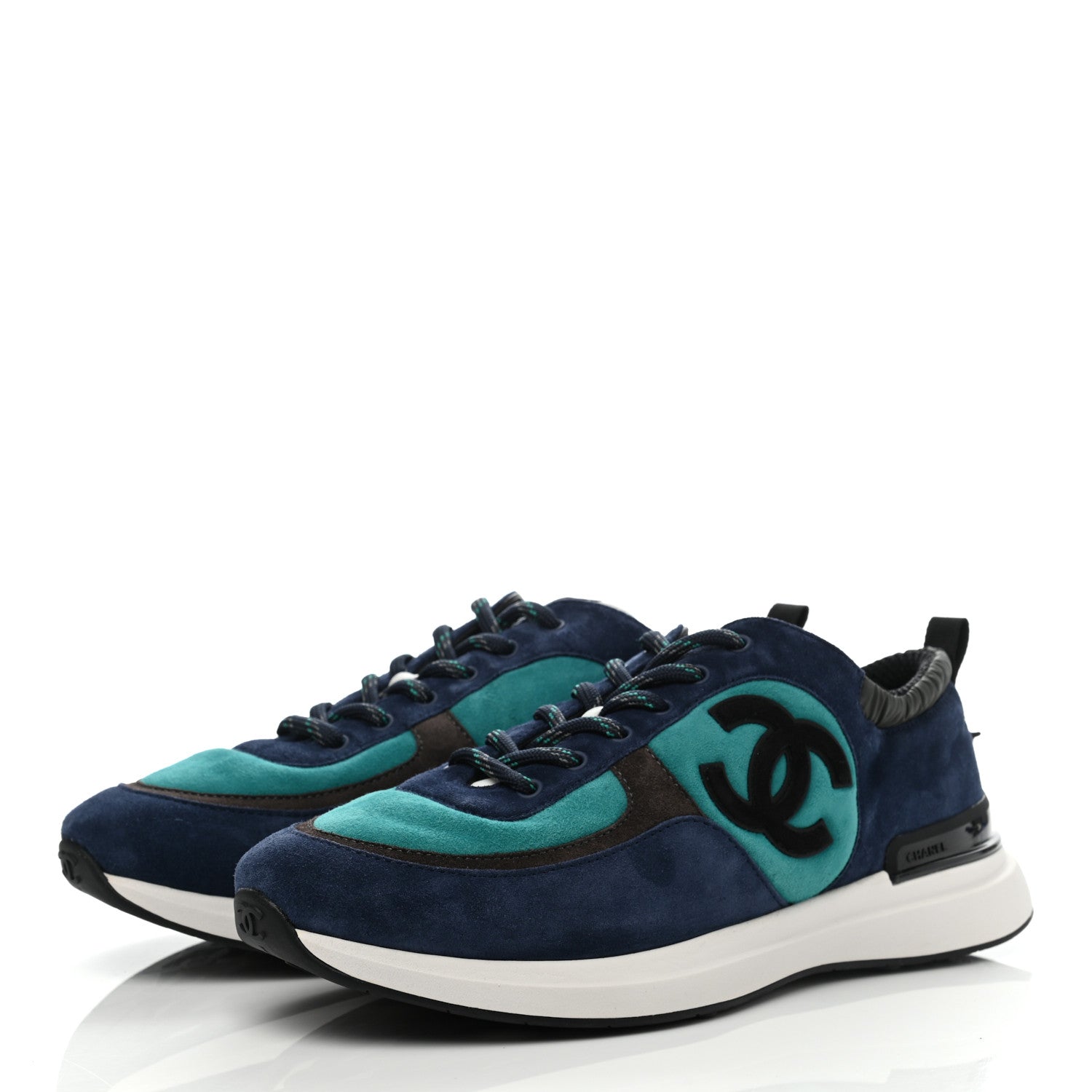Chanel Suede Calfskin Mens CC Sneakers 43 Navy Green Black 3 of 7