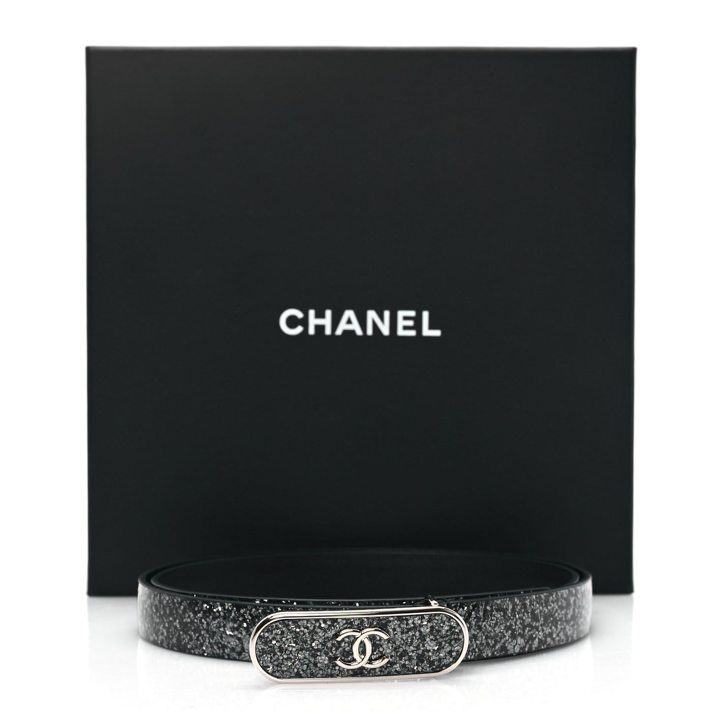 Glitter Calfskin CC Logo Skinny Belt 80 32 Charcoal