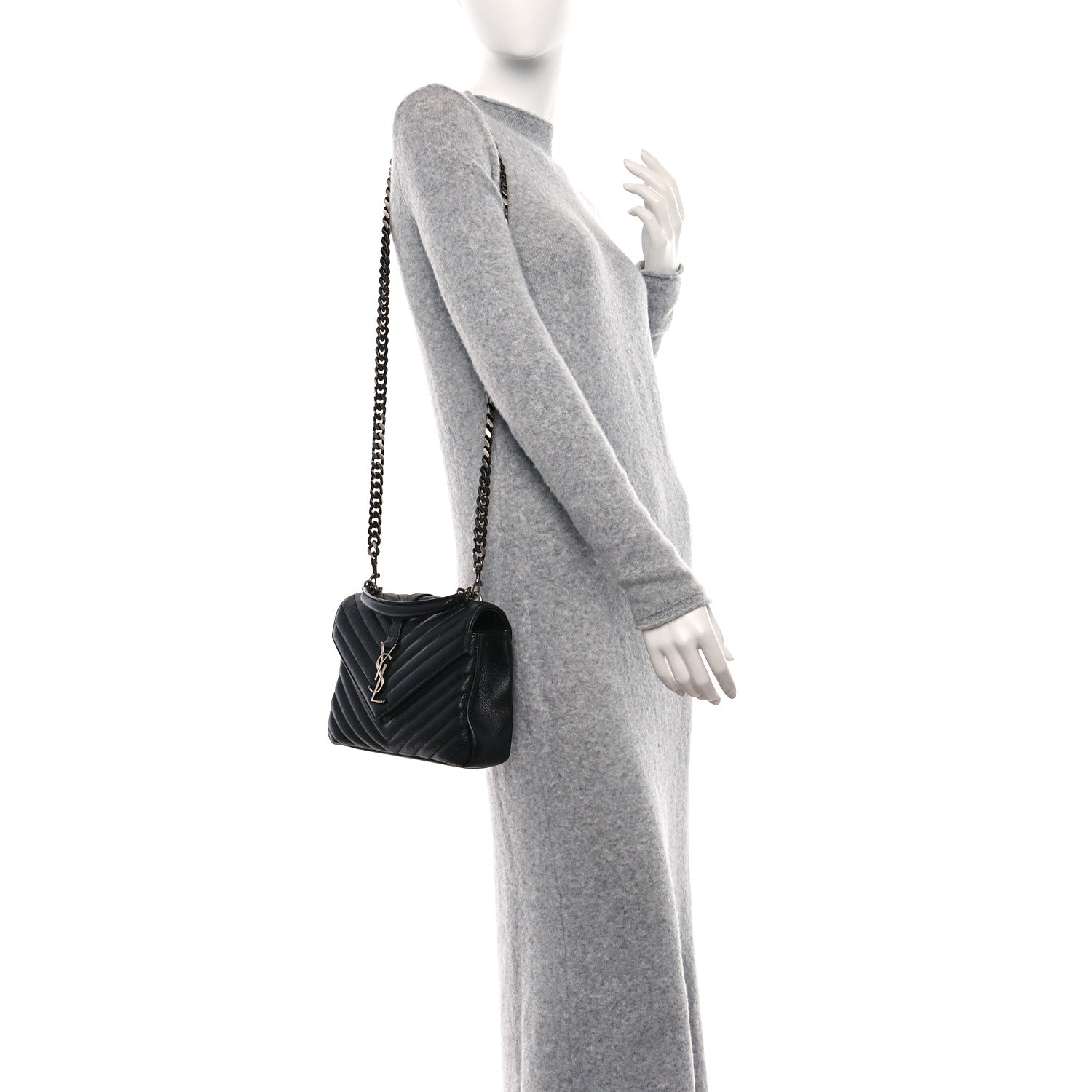 Saint Laurent Sheepskin Matelasse Chevron Monogram Medium College Bag Black 3 of 9