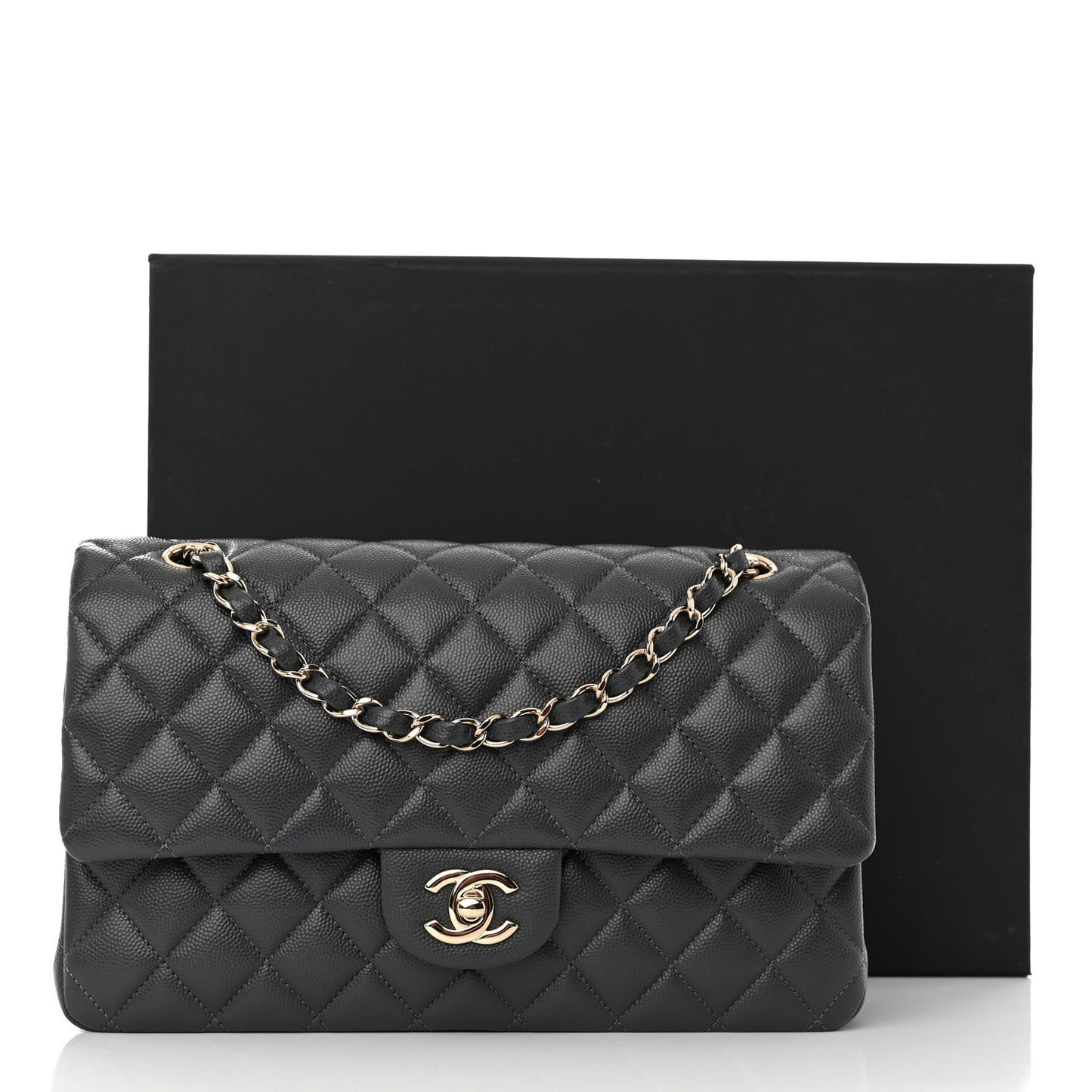 Caviar Quilted Medium Double Flap Dark Grey