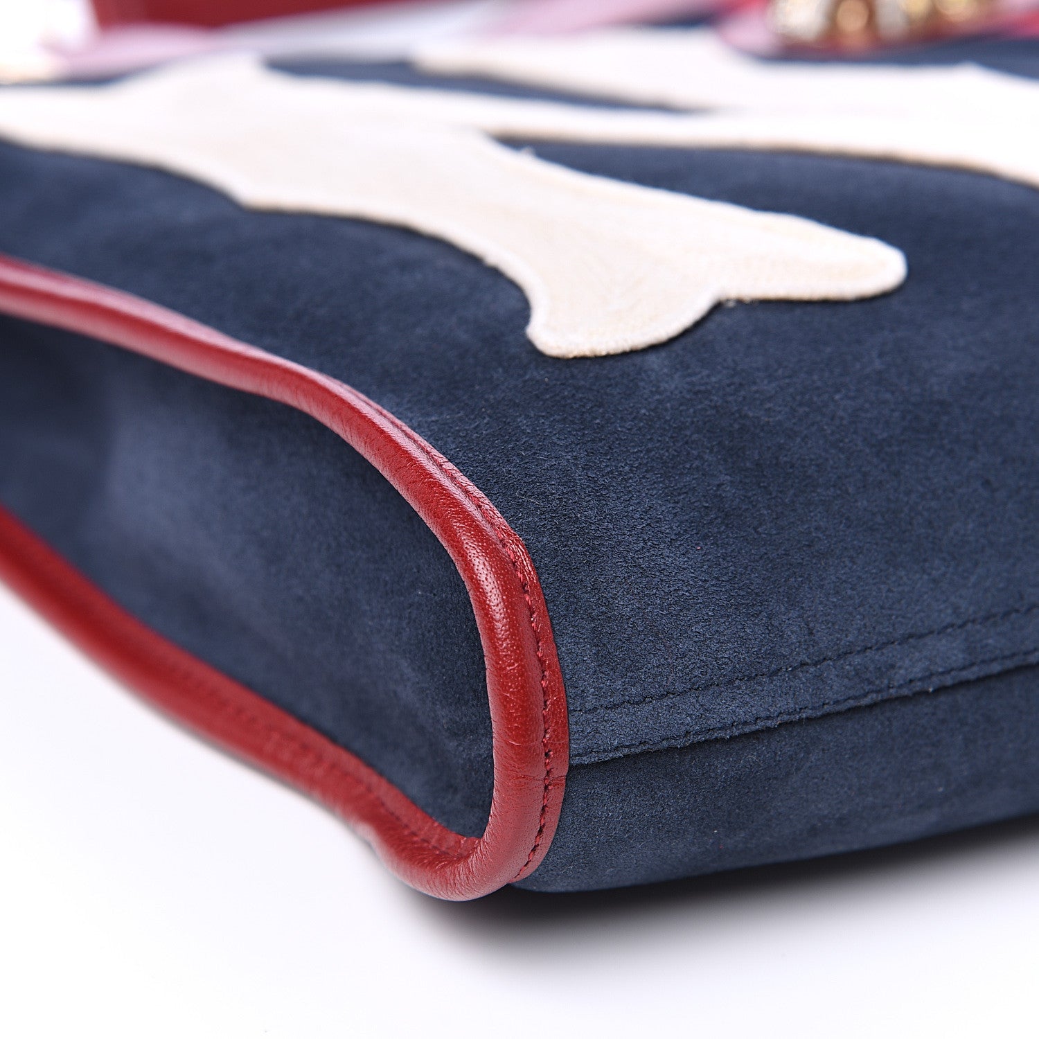Gucci X MLB Suede Calfskin NY Yankees Large Rajah Chain Tote New Blue Romantic Cherry 8 of 10