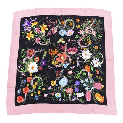 Gucci Silk Twill Flora Snake Square Scarf Black Pink 1 of 4