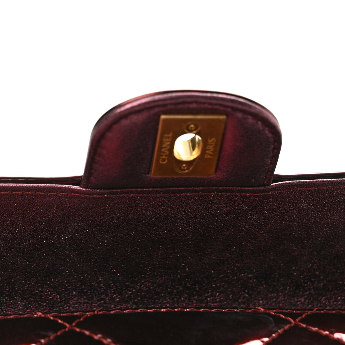 Metallic Mirror Calfskin Large Top Handle Clutch With Chain  Burgundy
