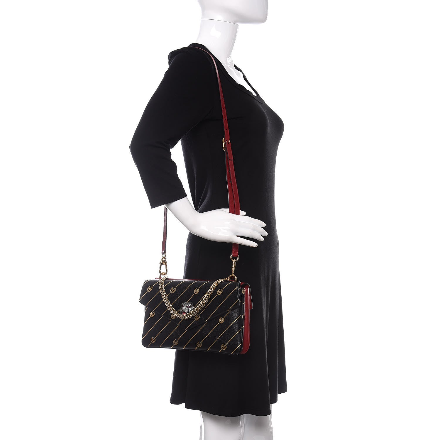 Gucci Calfskin Diagonal GG Medium Thiara Double Envelope Shoulder Bag Black Red 2 of 10
