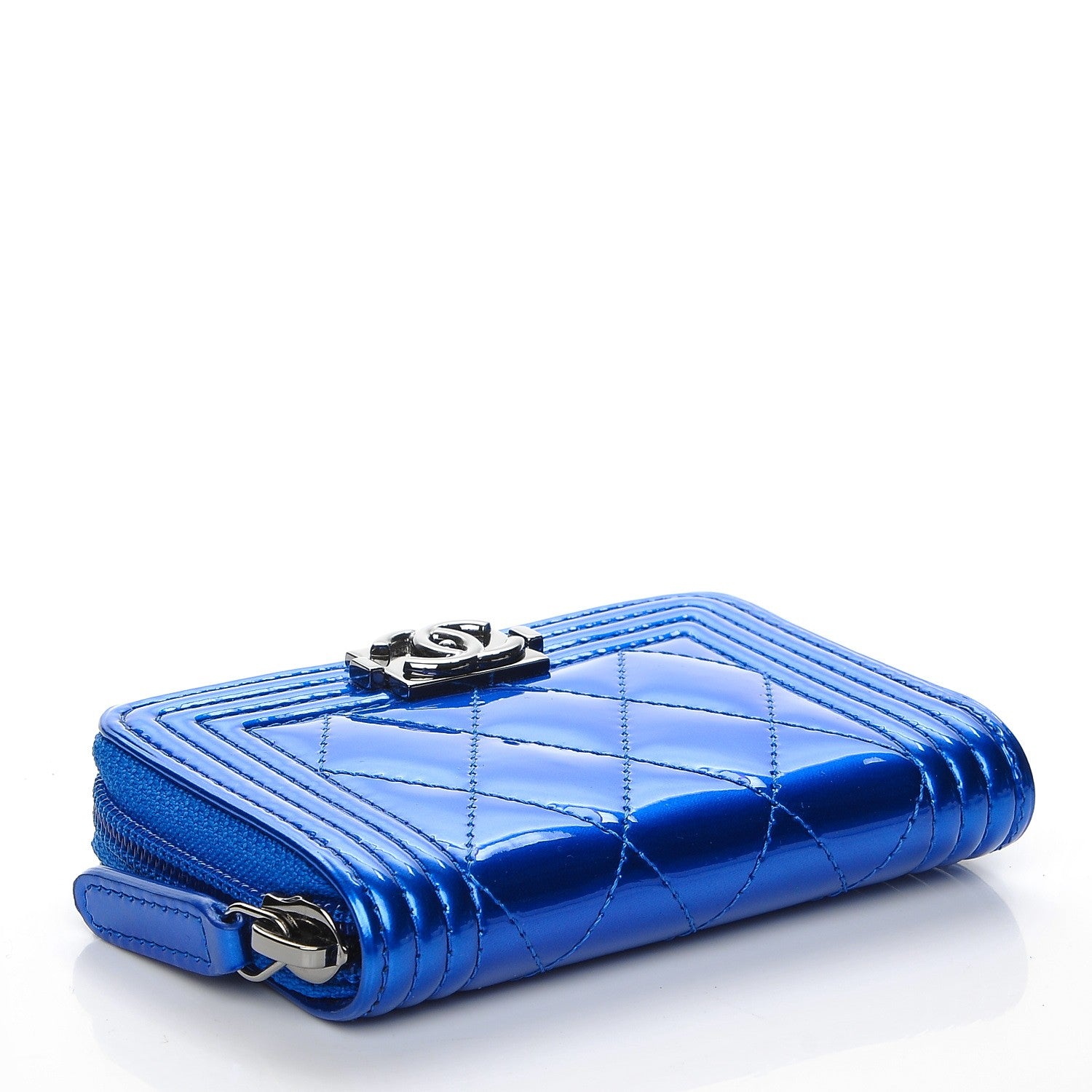 Chanel Metallic Patent Quilted Zip Around Boy Coin Purse Wallet Blue 4 of 8