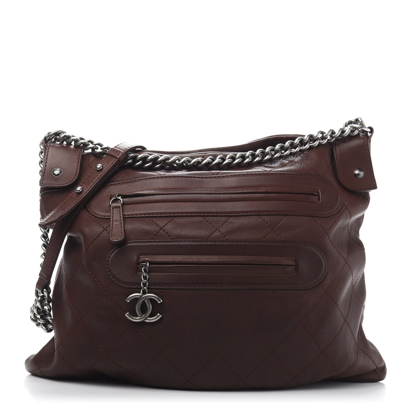 Calfskin Stitched Double Zip Hobo Brown