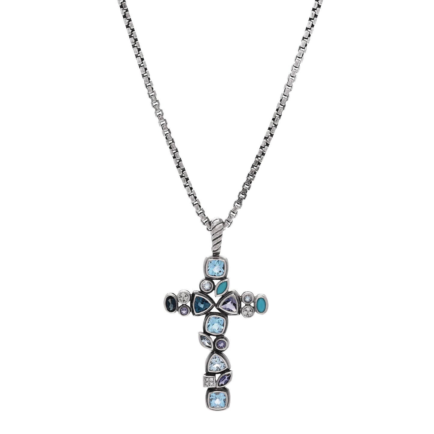 Sterling Silver 14K Yellow Gold Diamond Blue Topaz Turquoise Iolite Mosaic Cross Pendant Necklace