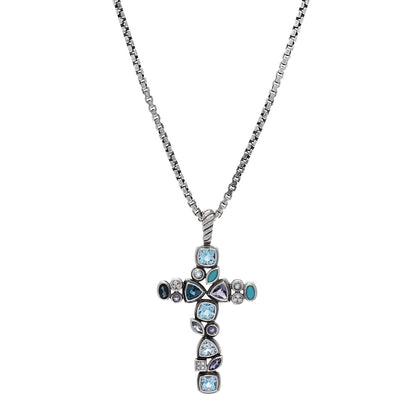 David Yurman Sterling Silver 14K Yellow Gold Diamond Blue Topaz Turquoise Iolite Mosaic Cross Pendant Necklace 1 of 4