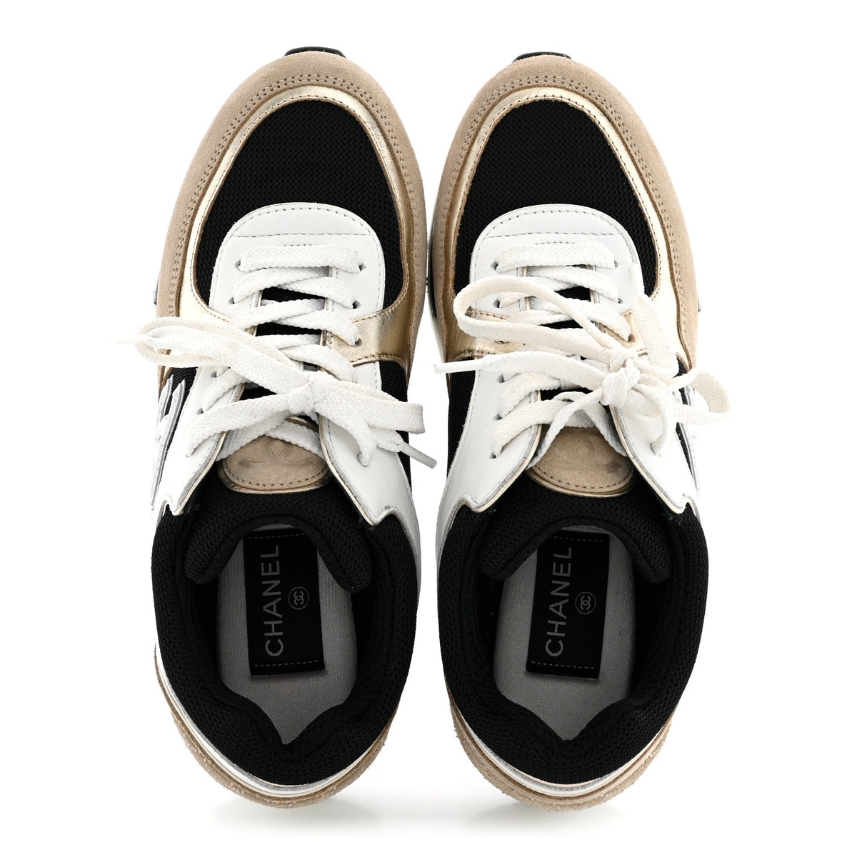 Chanel Mesh Suede Calfskin Grained Calfskin Womens CC Sneakers 38 White Black Beige Gold 2 of 9