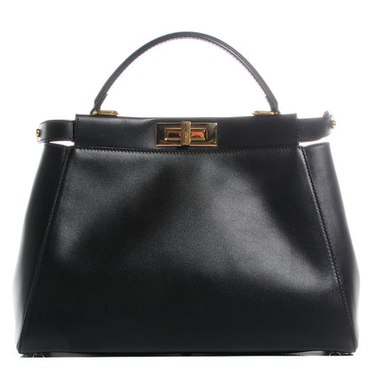 Fendi Vitello Morgan Fabric Jacquard Pequin Medium Peekaboo Iconic Satchel Black Tobacco 1 of 11