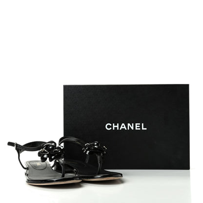 Chanel Patent Camellia Thong Sandals 37 Black 11 of 11