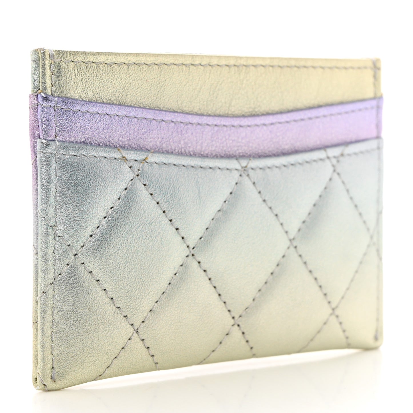 Gradient Metallic Calfskin Quilted Card Holder Silver Blue Yellow Purple