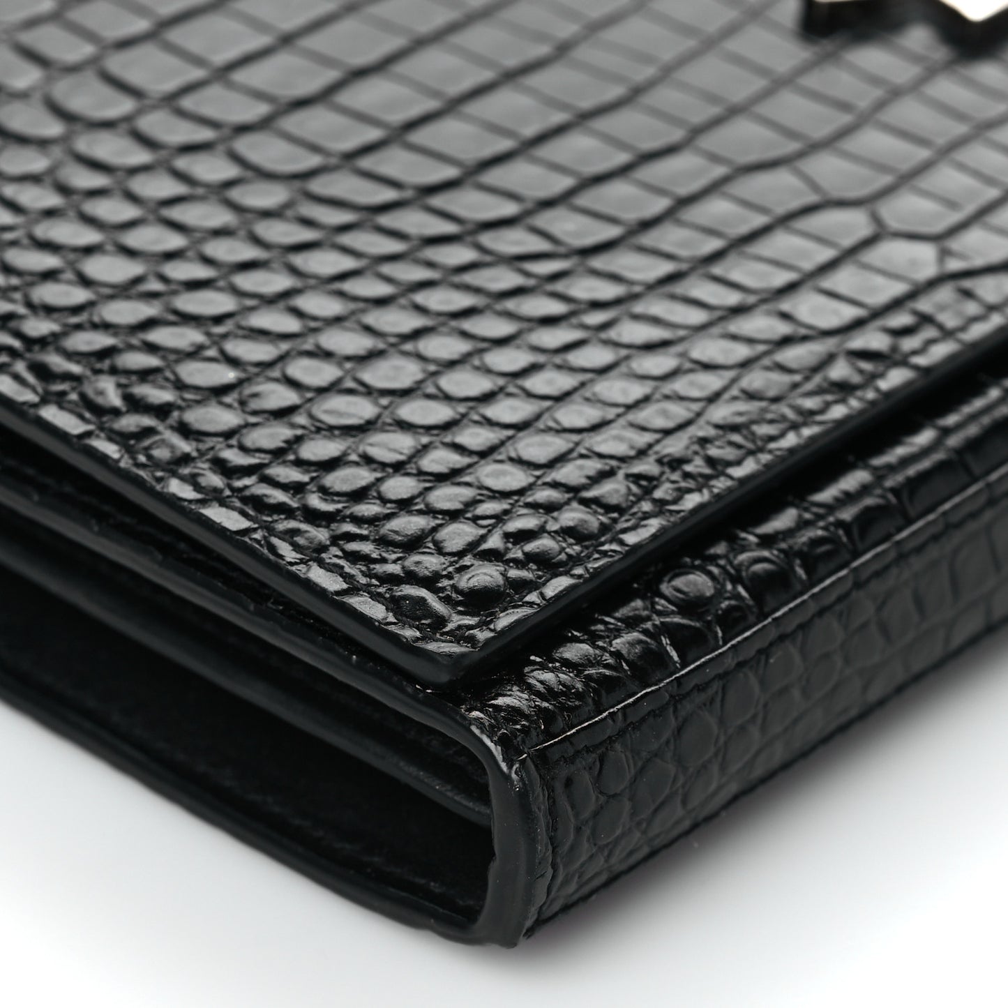 Calfskin Crocodile Embossed Monogram Chain Wallet Black