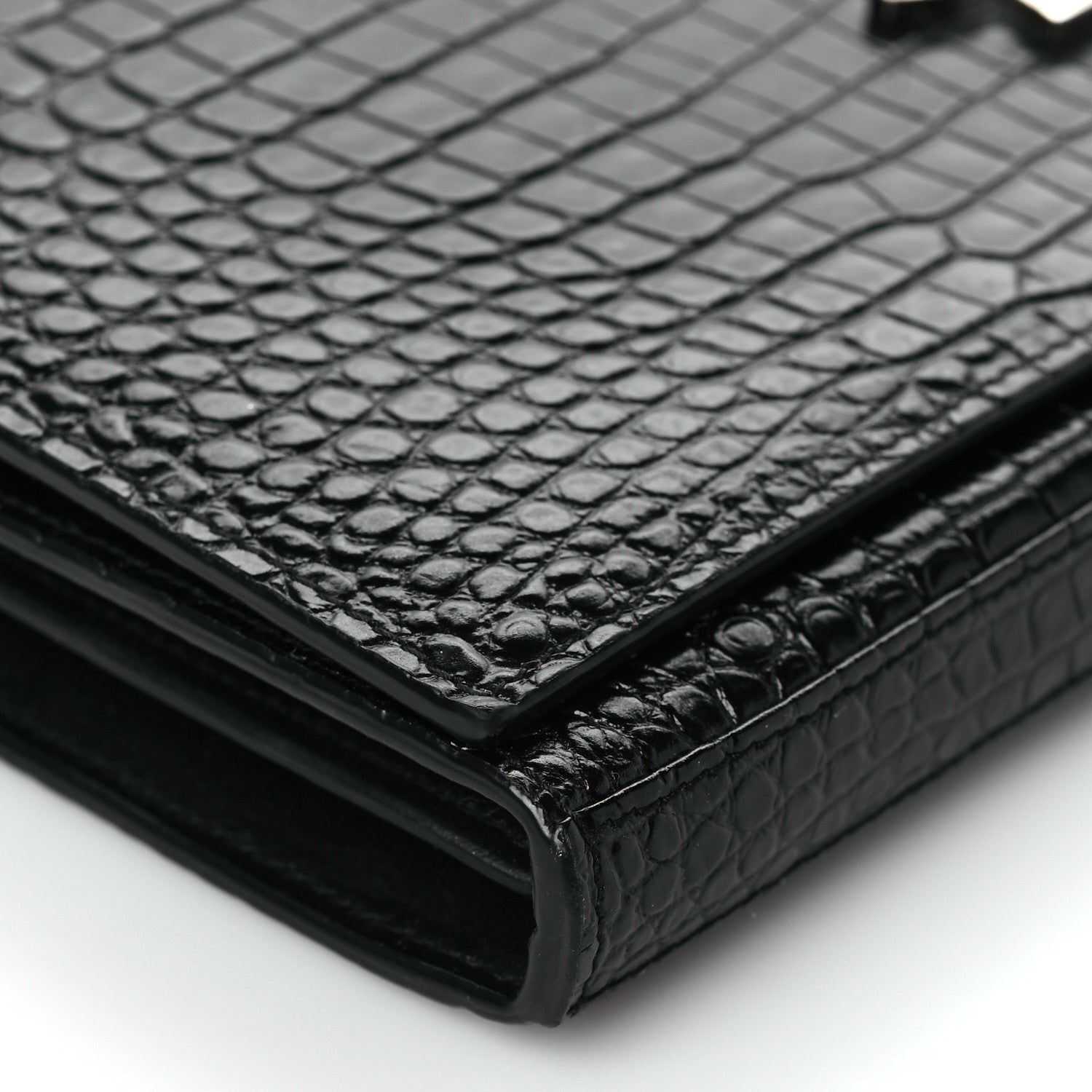 Saint Laurent Calfskin Crocodile Embossed Monogram Chain Wallet Black 9 of 10