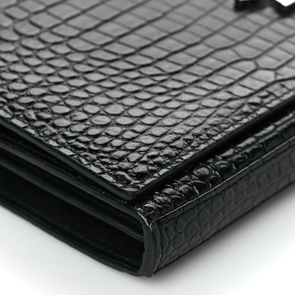 Saint Laurent Calfskin Crocodile Embossed Monogram Chain Wallet Black 9 of 10