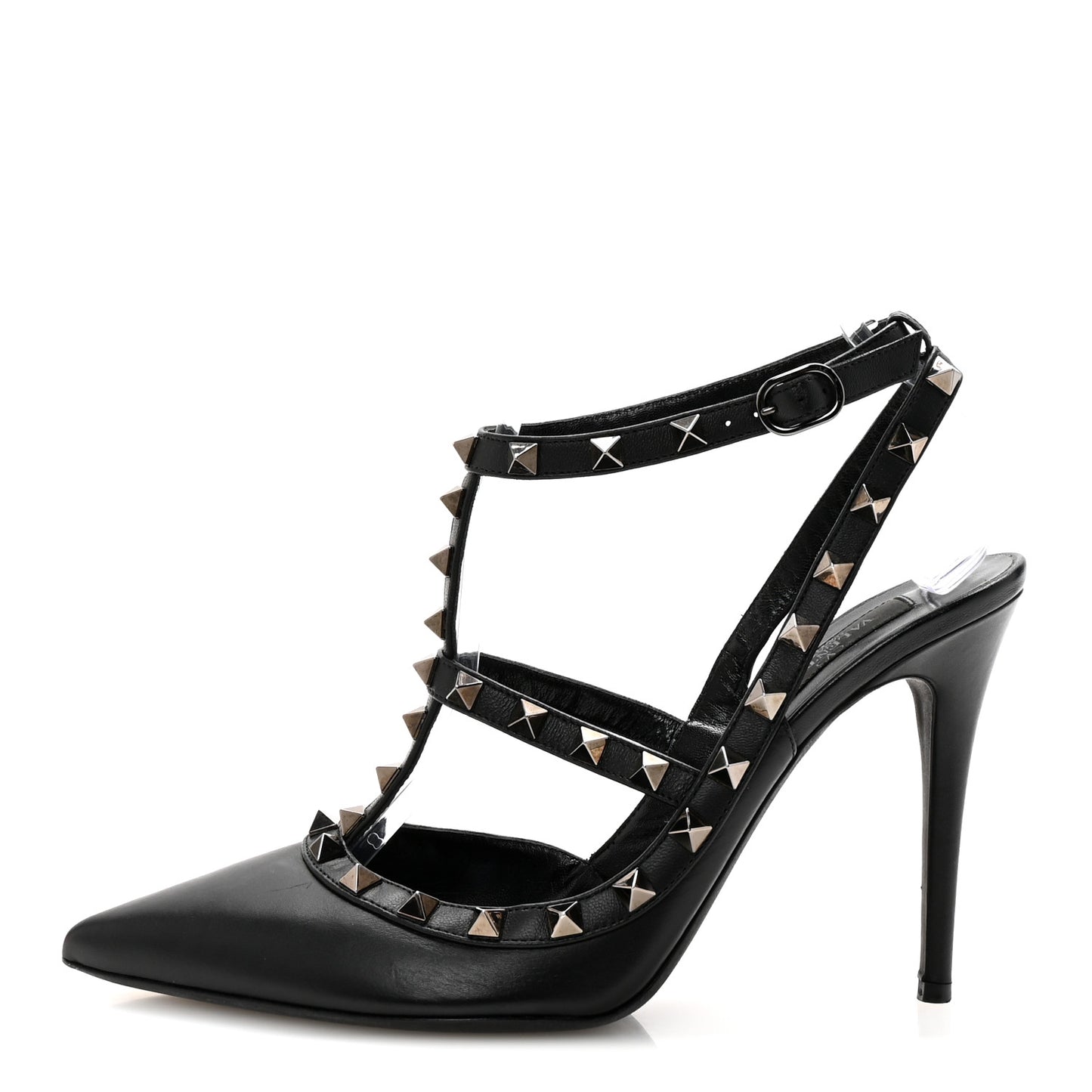 Calfskin Nappa Rockstud Ankle Strap 100mm Pumps 39.5 Black