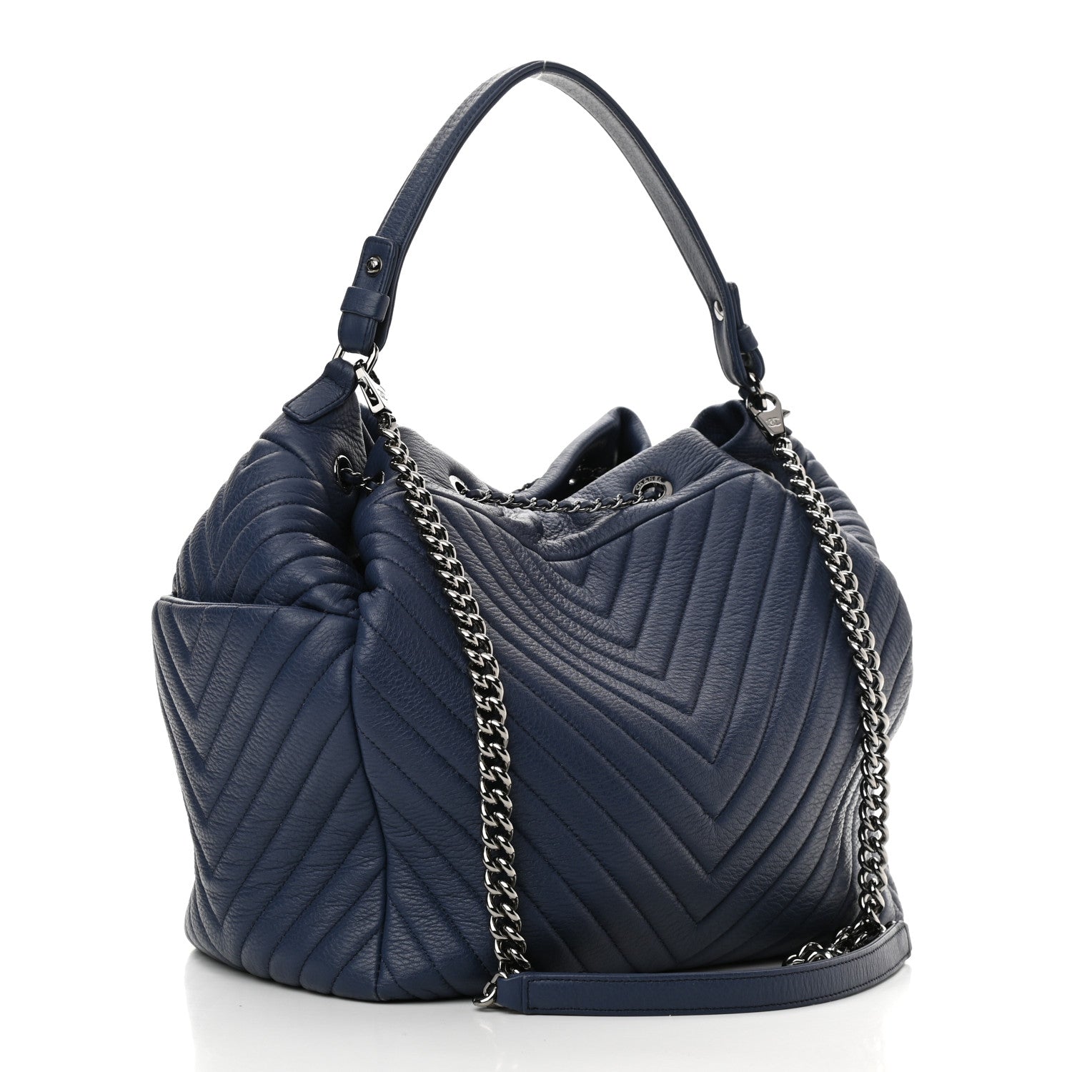 Chanel Deerskin Chevron Medium CC Chain Bucket Drawstring Bag Navy Blue 2 of 11