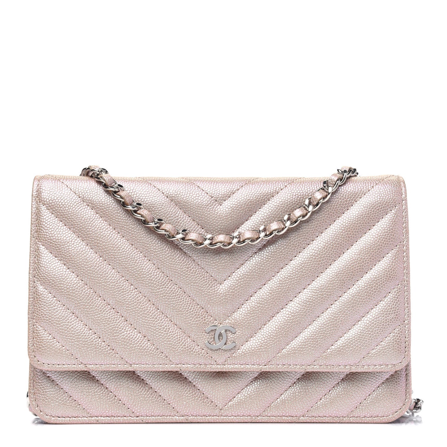 Metallic Caviar Chevron Quilted Wallet On Chain WOC Light Gold