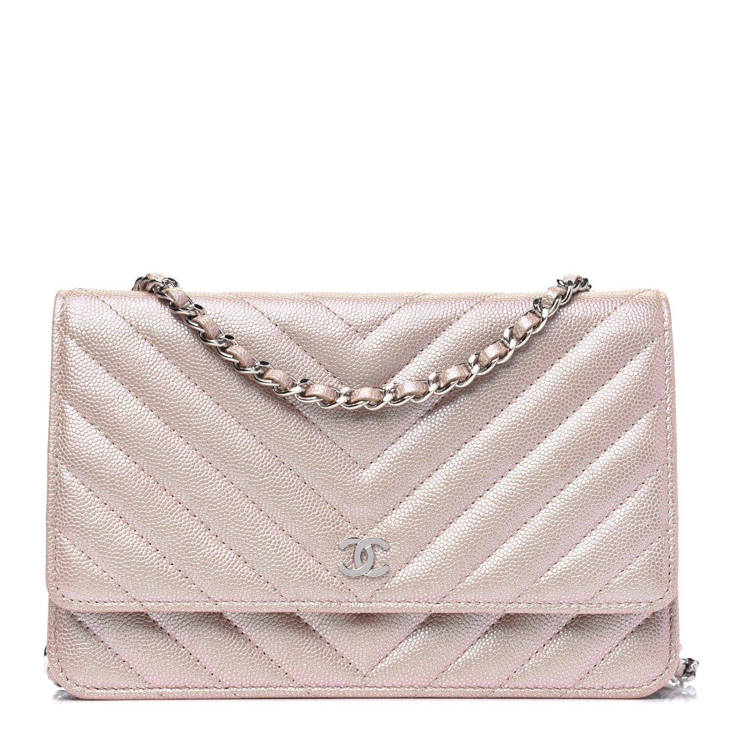 Chanel Metallic Caviar Chevron Quilted Wallet On Chain WOC Light Gold 1 of 5
