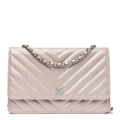 Chanel Metallic Caviar Chevron Quilted Wallet On Chain WOC Light Gold 1 of 5