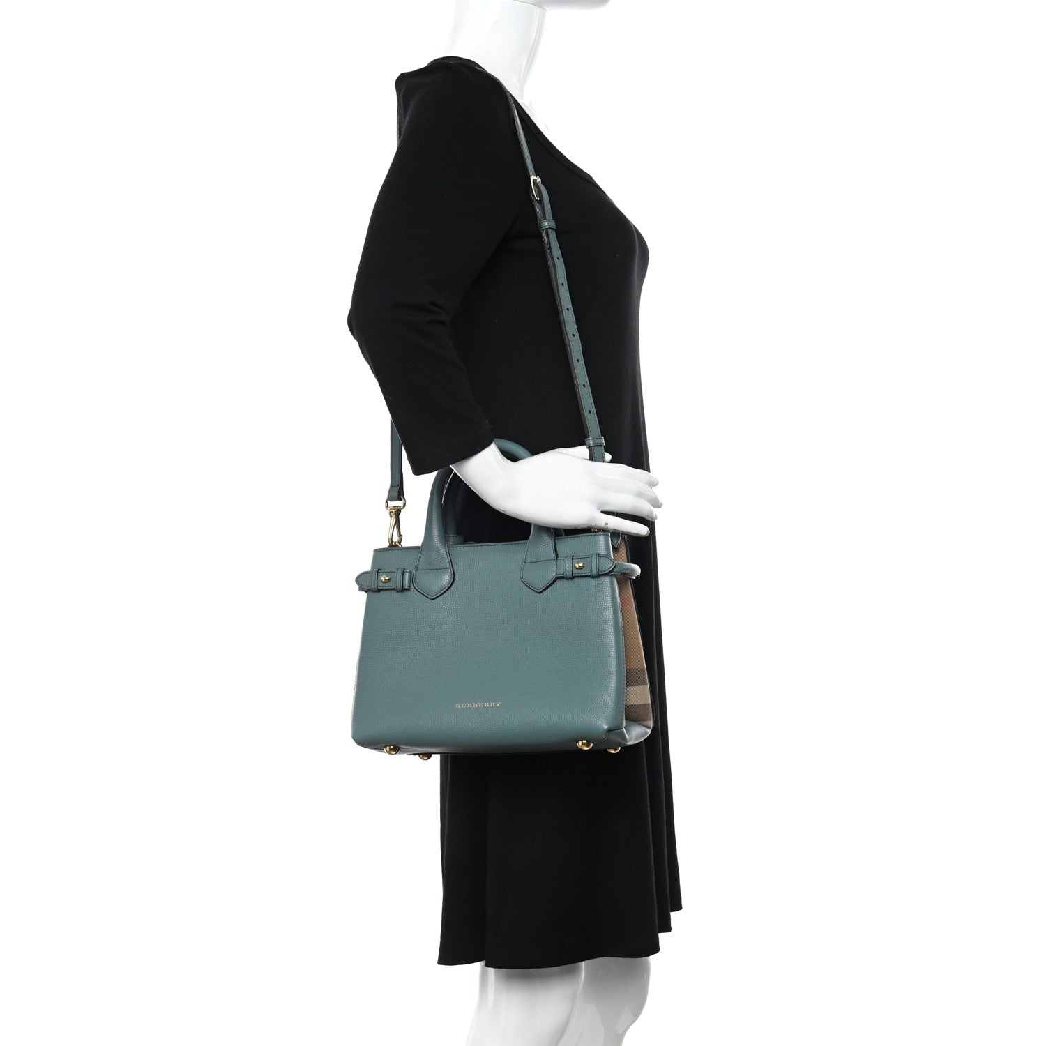 Burberry Grainy Calfskin House Check Small Banner Tote Smokey Green 2 of 10