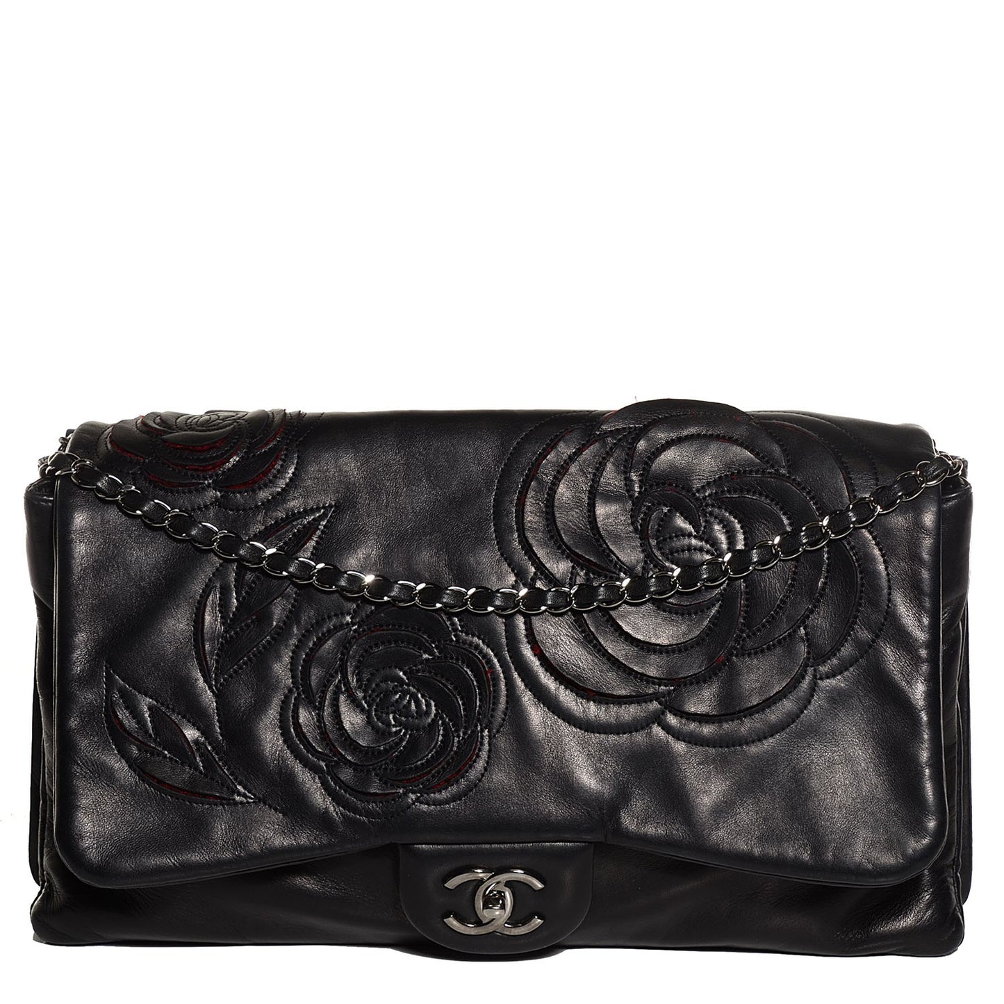 Lambskin Tweed Maxi Camellia Petals Flap Black