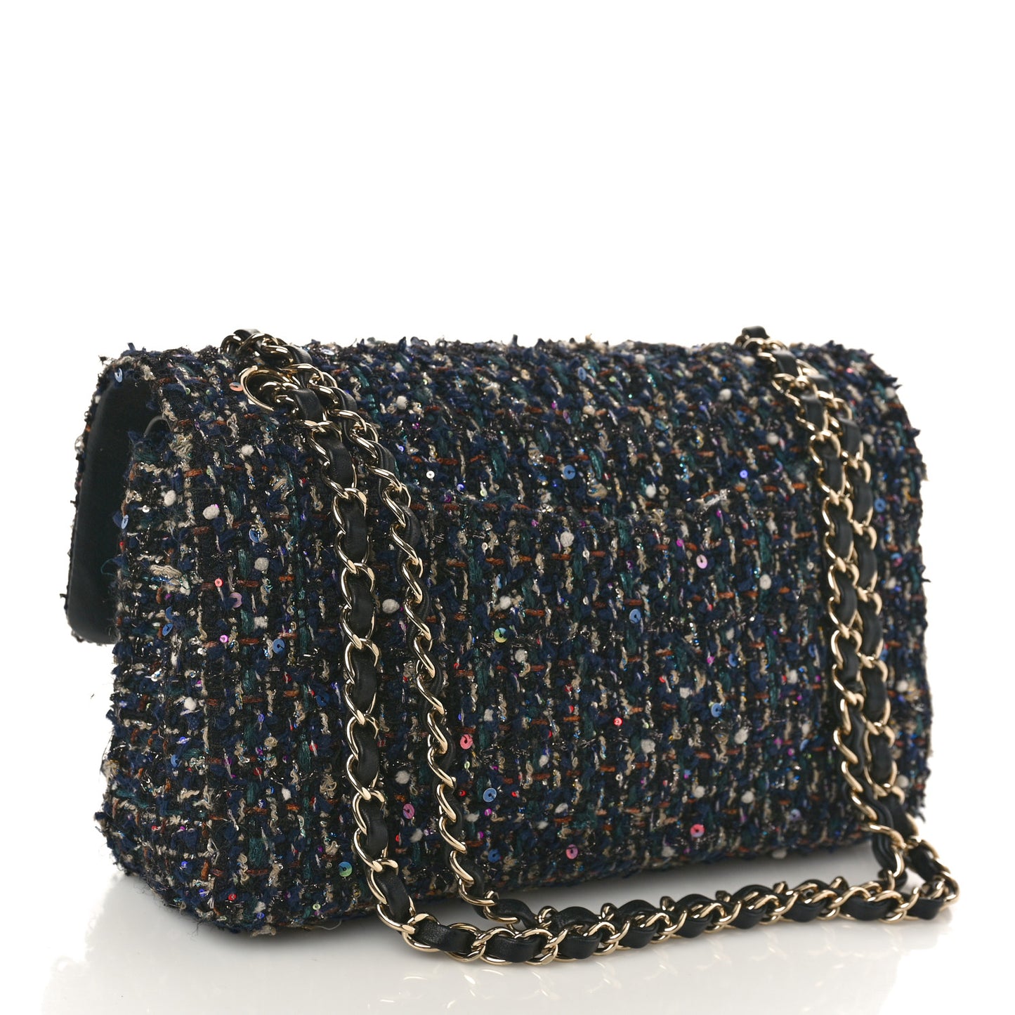 Glittered Tweed Quilted Medium Double Flap Navy Blue Multicolor