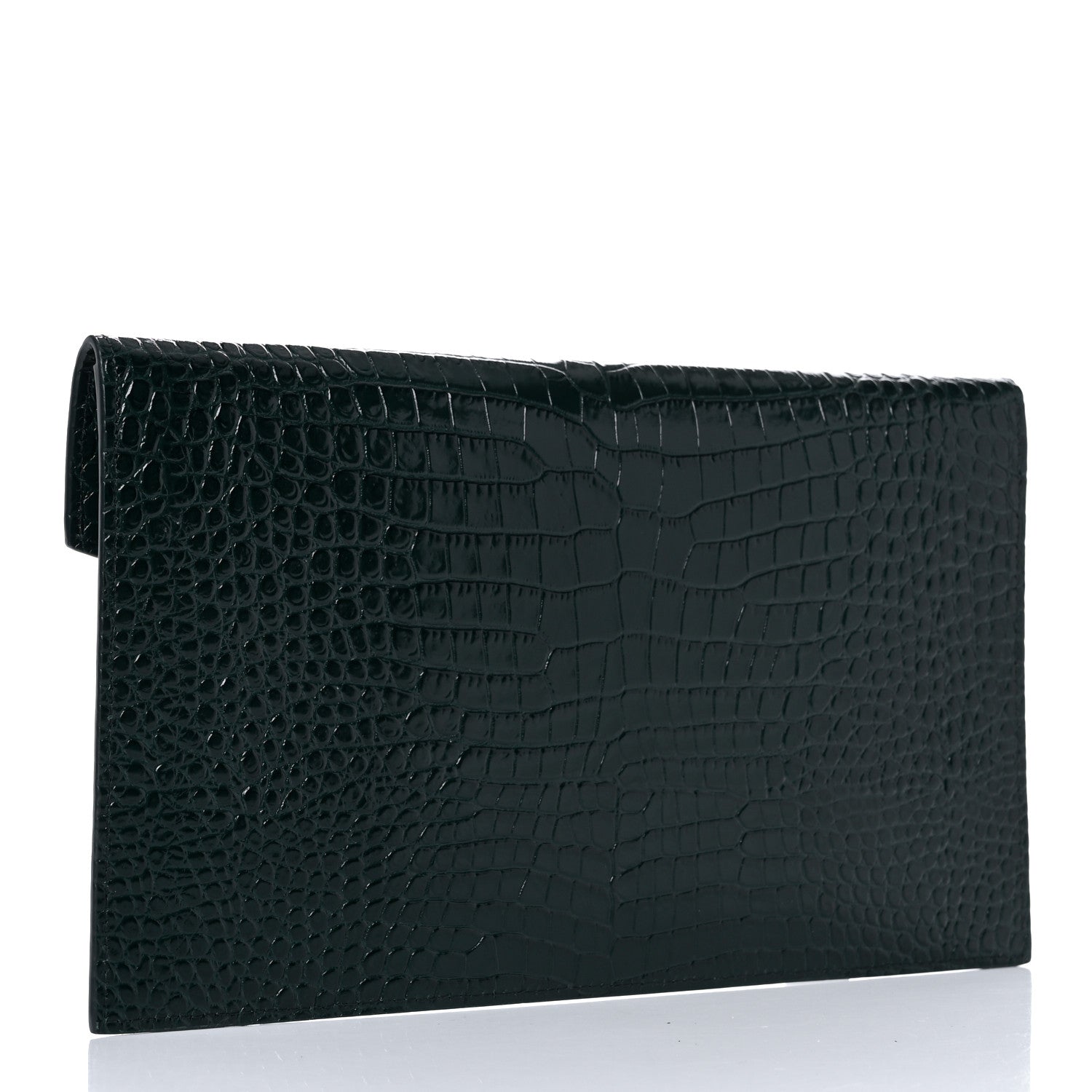 Saint Laurent Calfskin Crocodile Embossed Uptown Monogram Clutch Dark Mint 3 of 8