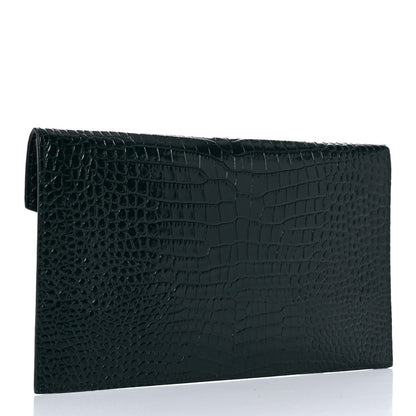 Saint Laurent Calfskin Crocodile Embossed Uptown Monogram Clutch Dark Mint 3 of 8
