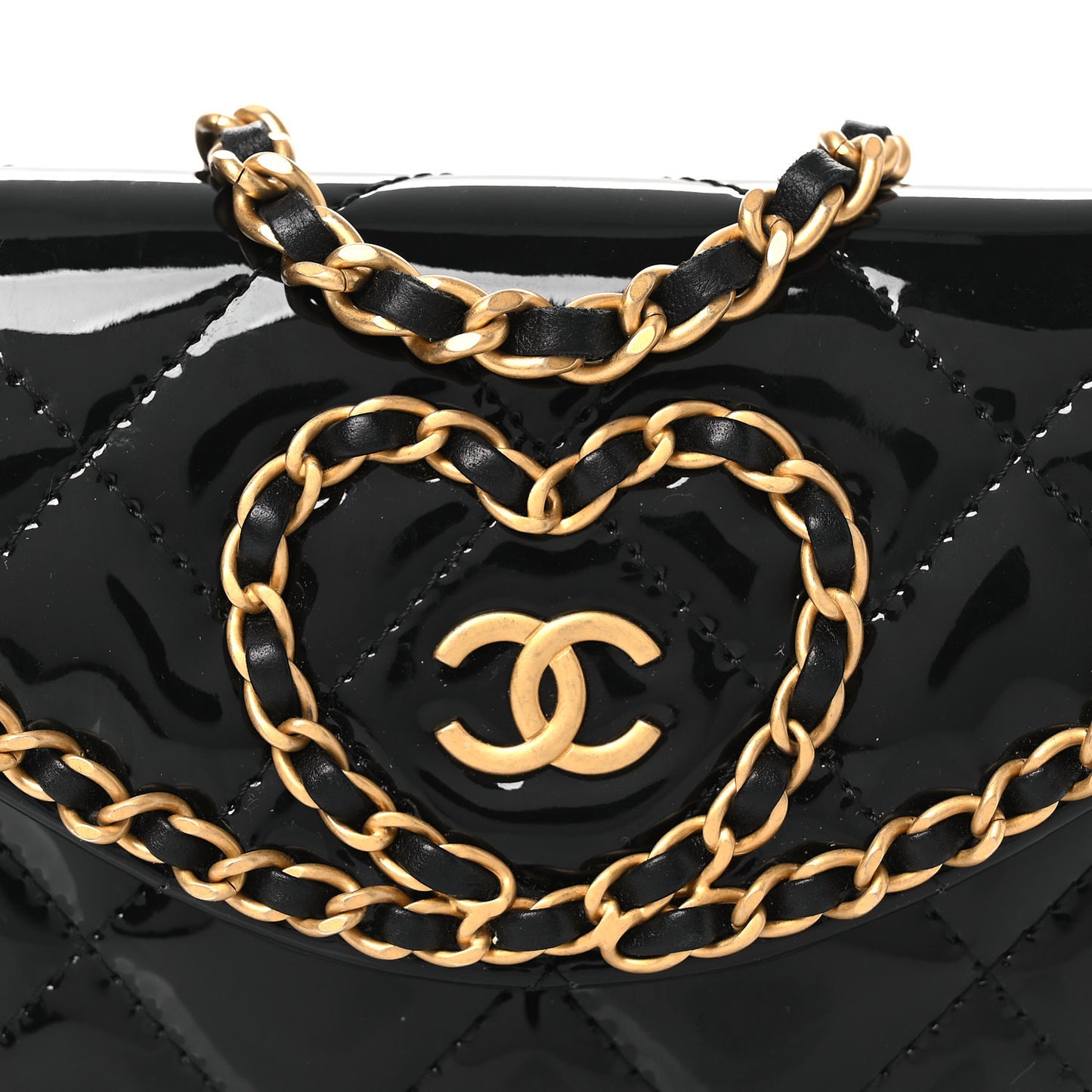 Patent Quilted Chain Around Heart Mini Chain Flap Black
