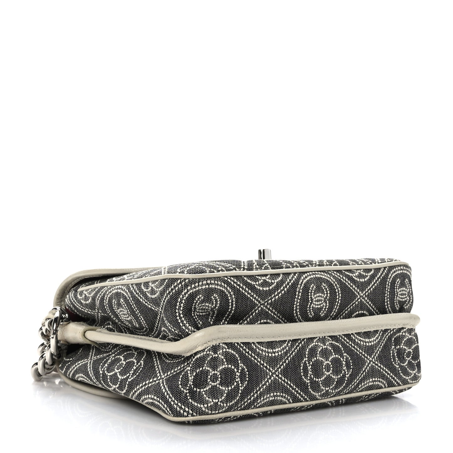 Fabric Camellia Printed Grained Calfskin Messenger Bag Black White