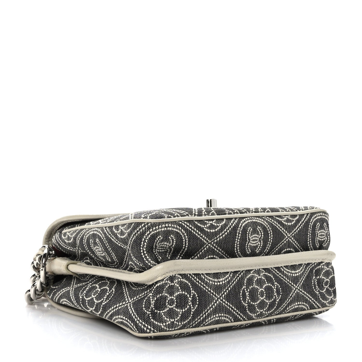 Chanel Fabric Camellia Printed Grained Calfskin Messenger Bag Black White 4 of 10