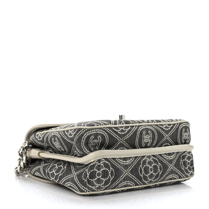 Chanel Fabric Camellia Printed Grained Calfskin Messenger Bag Black White 4 of 10