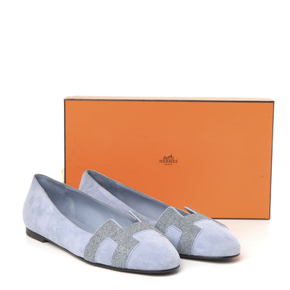 Hermes Suede Goatskin Crystal Powdered Nice Ballerina Flats 38 Bleu Glacier 10 of 10