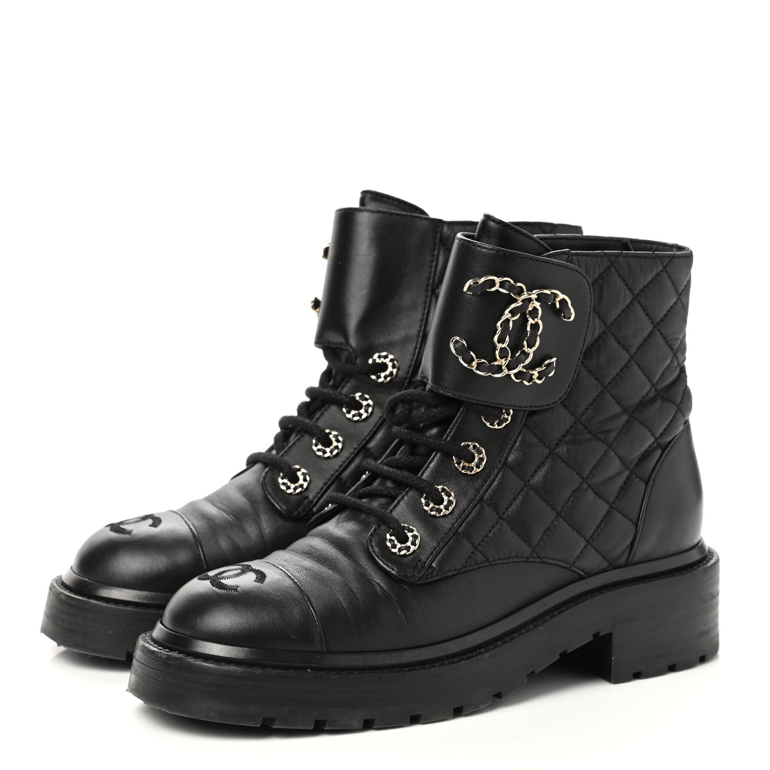 Chanel Shiny Lambskin Quilted Lace Up Combat Boots 35.5 Black 3 of 9