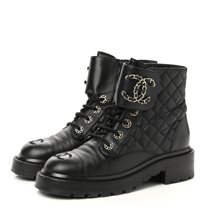 Chanel Shiny Lambskin Quilted Lace Up Combat Boots 35.5 Black 3 of 9