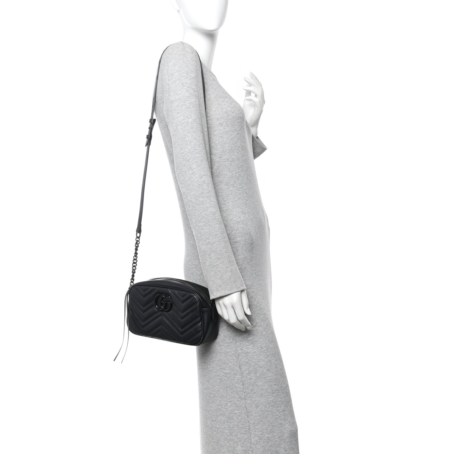 Gucci Calfskin Matelasse Monochrome Small GG Marmont Chain Shoulder Bag Black 2 of 13