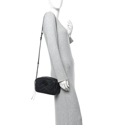Gucci Calfskin Matelasse Monochrome Small GG Marmont Chain Shoulder Bag Black 2 of 13