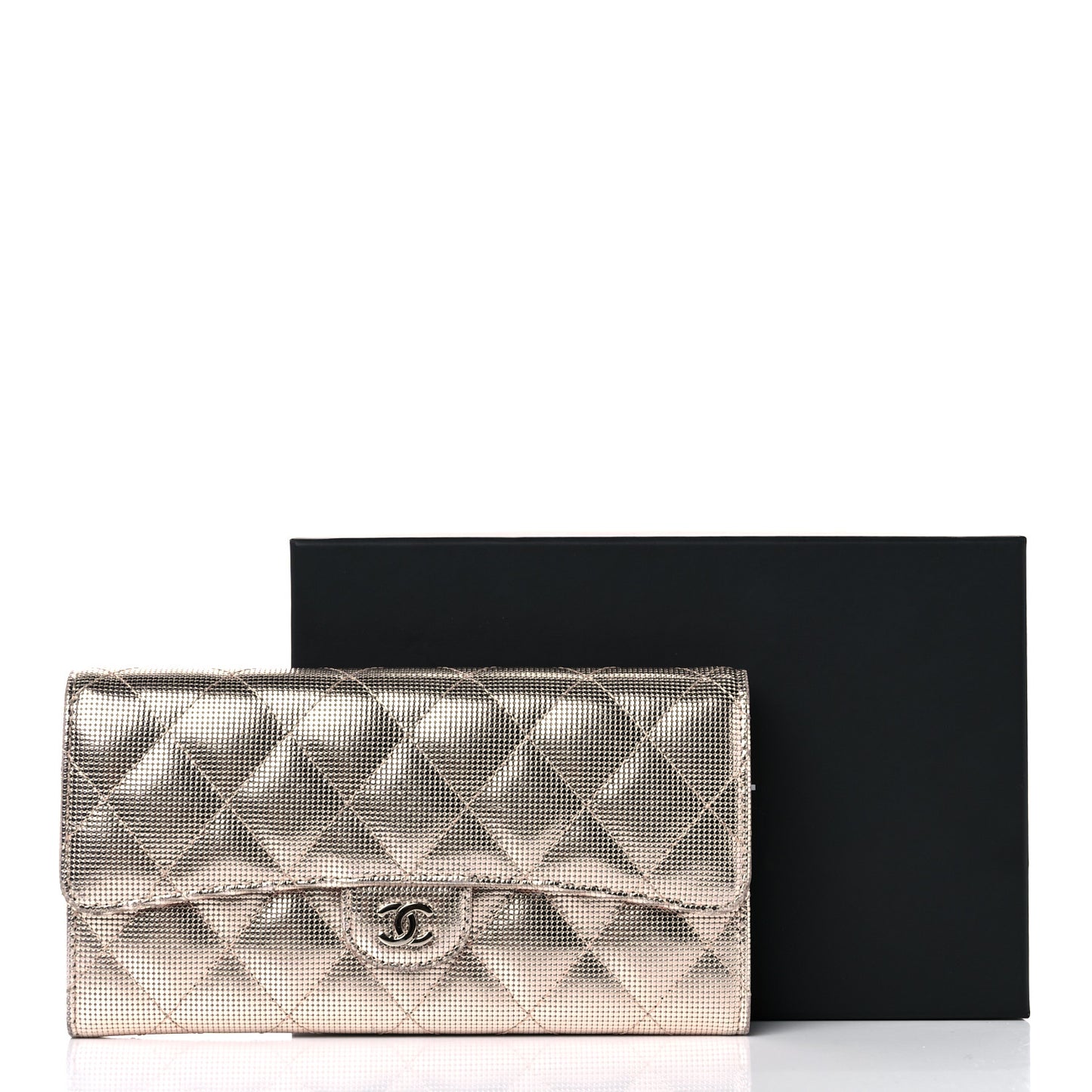 Metallic Calfskin Quilted Pixel Effect Large Flap Wallet Pinky Gold