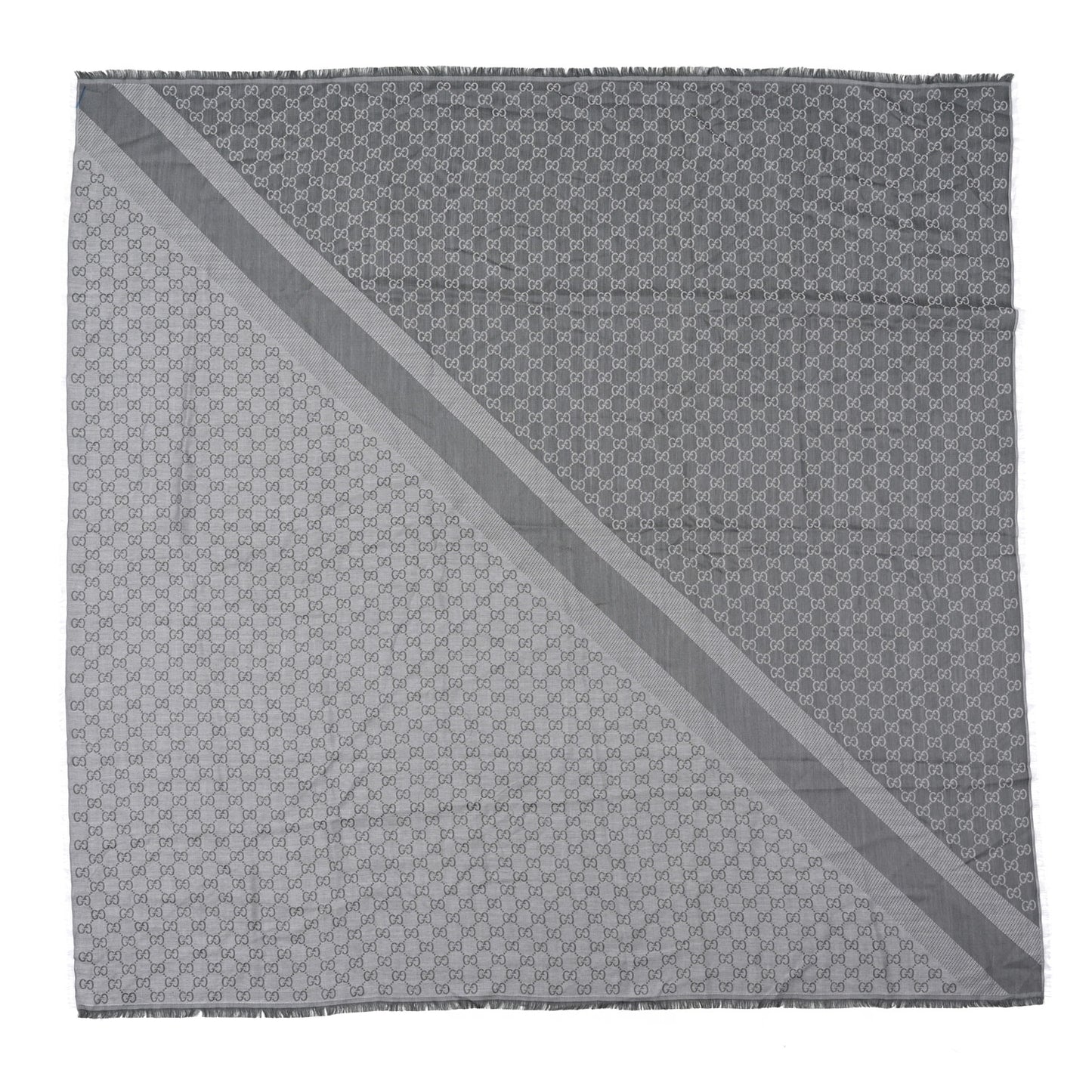 Wool Silk Monogram GGWeb Fringe Shawl Pearl Medium Grey