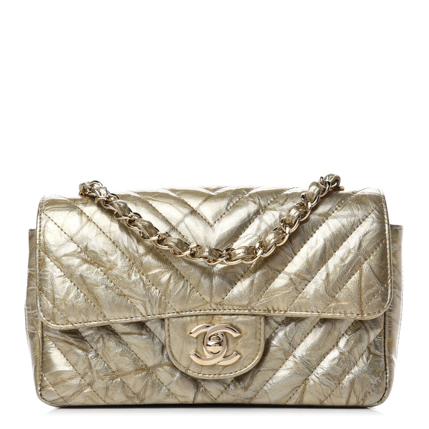 Patent Metallic Crumpled Calfskin Chevron Quilted Mini Rectangular Flap Gold